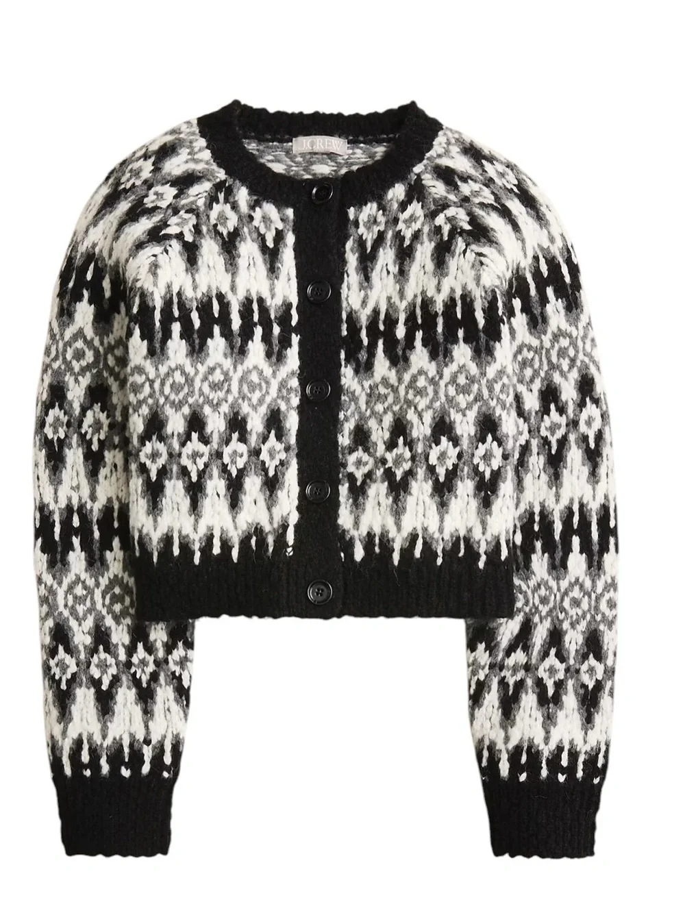 J. Crew Cropped Fair Isle Cardigan Size Medium Black White Textured Chunky Wool